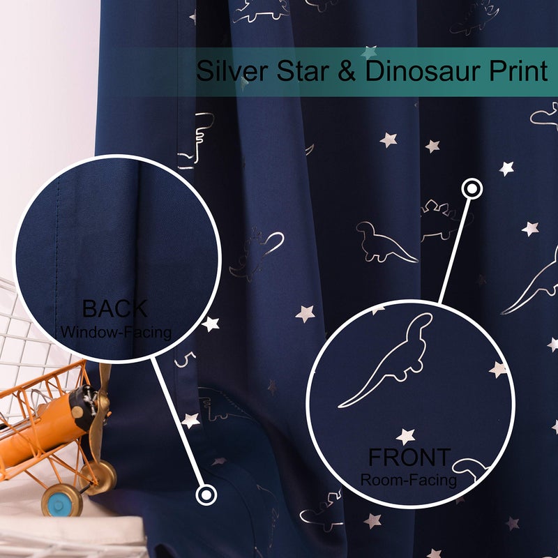 LORDTEX Dinosaur and Star Foil Print Blackout Curtains for Kids Room - Thermal Insulated Curtains Noise Reducing Window Drapes for Boys and Girls Bedroom, 42 x 84 Inch, Navy, Set of 2 Panels - Image 4